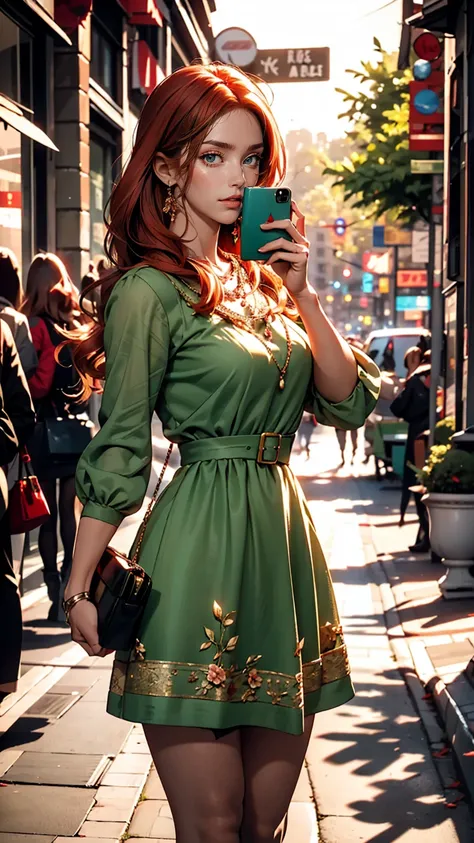 High resolution, (The finest details) (highest quality), Redhead woman with long red hair and green dress taking a photo, Mature and gorgeous, Natural light and shadow