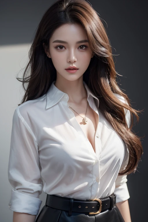 (best quality, high resolution, masterpiece :1.3), A tall, beautiful woman, Slim abs, Dark brown hair styled in loose waves, Chest, Wearing a Pendant, White Button-Down Shirt, belt, Black skirt, (Modern architecture background), Detailed rendering of faces...