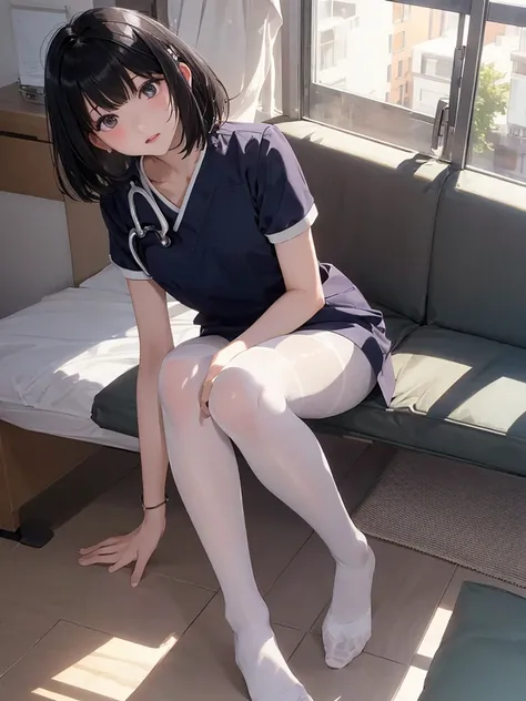 masterpiece, best quality, solo, flat chest, scrubs, (white pantyhose), hair_ornament, short_hair, black_hair, black_eyes, crotc...