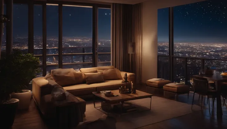 Balcony of a high rise building，Starry Sky，Table coffee while watching the glittering night view、high resolution、8k.4K