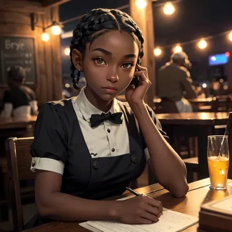 (masterpiece, best quality), deep ebony 1girl, beautiful face, short braids, tavern setting, dressed like a waitress , beautify, Lofi vibe, cute night vibe, concentrated, sitting, city wear, book over the table, hands outside of the picture, 