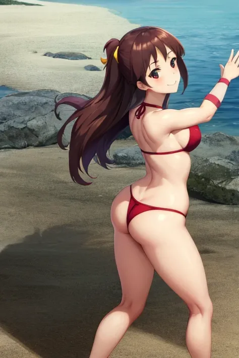 masterpiece, best quality, beautiful art, high resolution, well formed hands, body and fingers, 1 woman, solo, Megumin konosuba, long hair, adult, big breasted, cleavage, hair ribbon, wearing a Tyris Flare outfit, full body, sexy and skimpy bikini, gorgeou...