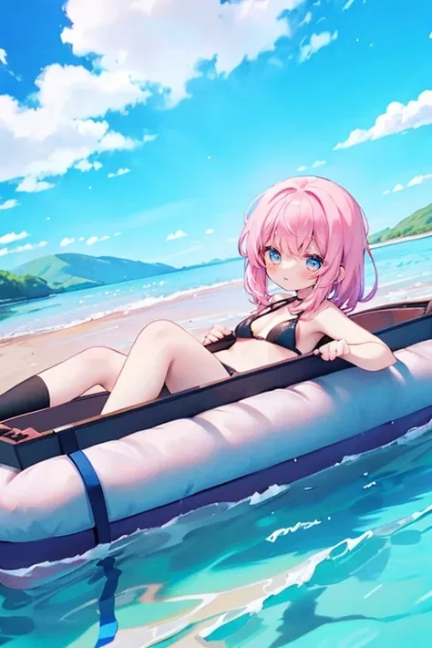 1girl,solo,cute,cleavage,,pink hair,on the boat,around lake,blue sky,brilliant view,high angle