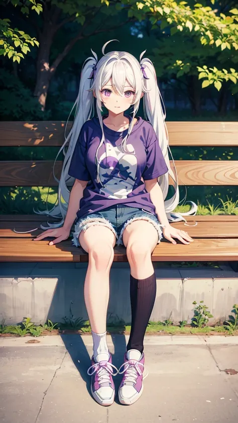 best quality, masterpiece, , ,short, huge breasts, white hair,low twintails, purple eyes, yukine chris, thin twintails,  (((shy))), (happy), wearing a anime T-shirt, blue denim shorts, denim jacket, long socks and sneakers, sitting in the park, bags on the...