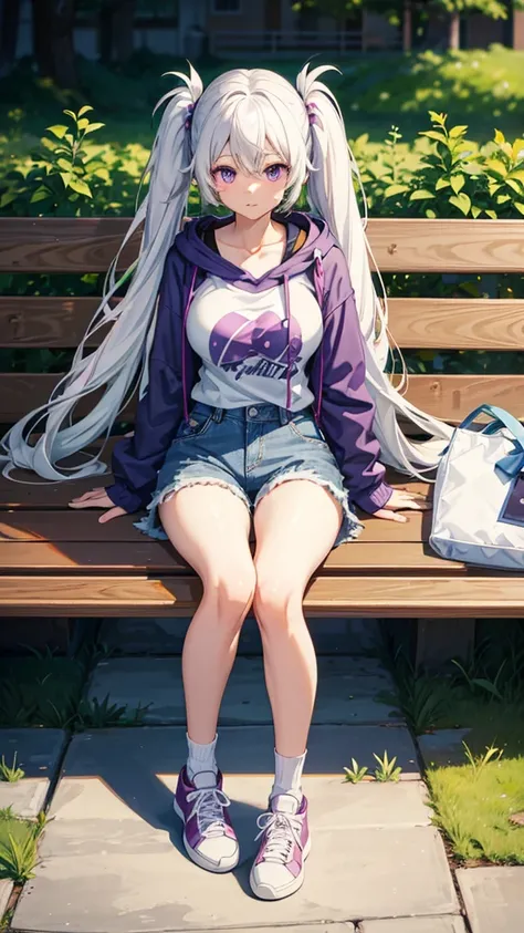 best quality, masterpiece, , ,short, huge breasts, white hair,low twintails, purple eyes, yukine chris, thin twintails,  (((shy))), (happy), wearing a anime T-shirt, blue denim shorts, denim jacket, long socks and sneakers, sitting in the park, bags on the...