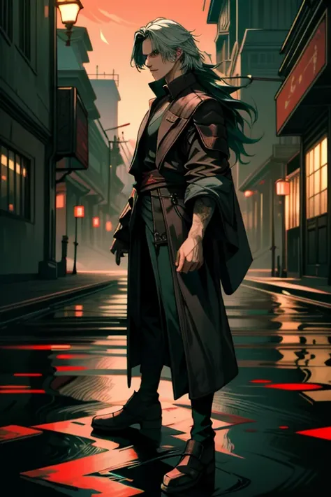 ((super detailed, masterpiece, absurd))
dmc5 dante, one boy, alone, long hair, dark green hair, a dandy samurai in a kimono, sta...