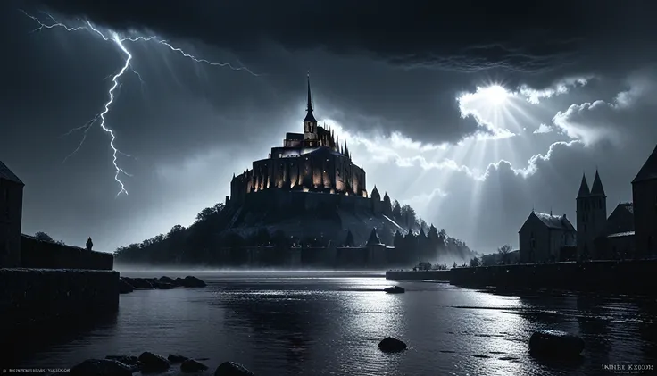 a dramatic landscape, Le Mont-Saint-Michel, dramatic clouds, sun shining through clouds, cinematic lightning, dramatic lighting, hyper-realistic, photorealistic, 8k, extremely detailed, intricate details, epic scale, dramatic atmosphere, moody lighting, ci...