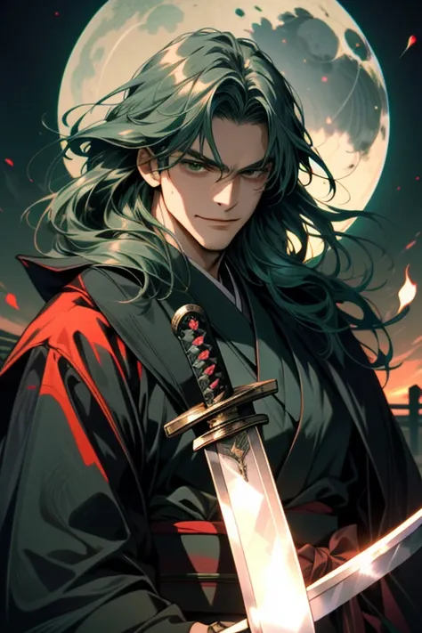 ((super detailed, masterpiece, absurd)), one man, long hair, dark green hair, (((kimono))), dandy samurai, face up, (((front))),...