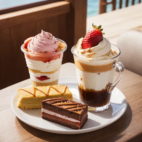 there are two desserts in glasses on a table with a cup of coffee, Perfect sea, delicious, Professional cooking photos, Vibrant and dynamic, High-quality food photography, Close-up food photography, dessert, Stylish food photography, Excellent detail, Shot...