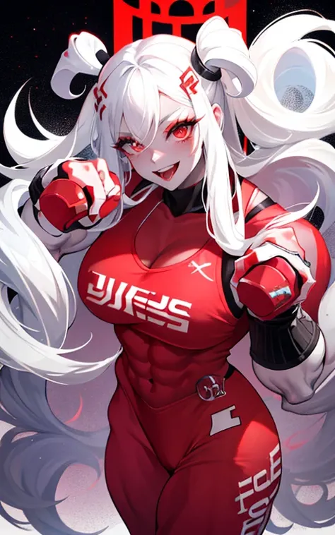 1 girl,White skin，dark风，Wear leg rings，long gray hair，Black eyeshadow，Red Eyes，control，dark，sickle，Goddess of Death，Succubus，Smile，Sticking out tongue，(((Bodybuilder:1.5)))(((Beauty)))