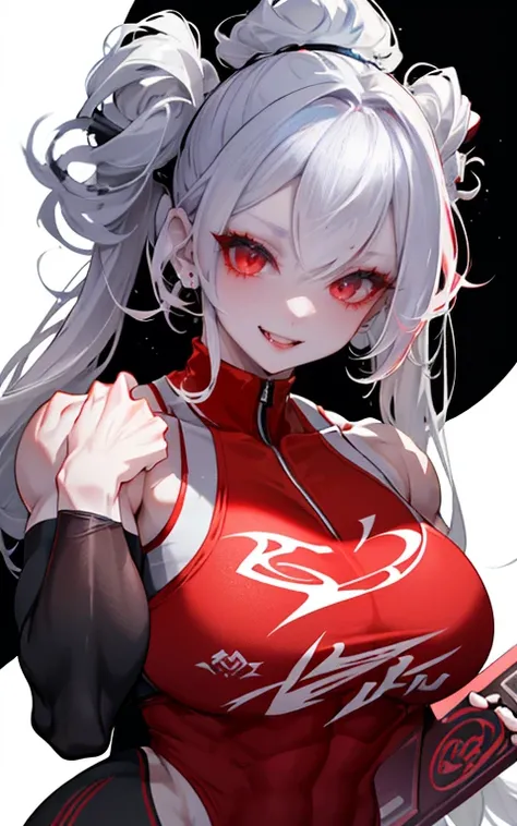 1 girl,White skin，dark风，Wear leg rings，long gray hair，Black eyeshadow，Red Eyes，control，dark，sickle，Goddess of Death，Succubus，Smile，Sticking out tongue，(((Bodybuilder:1.5)))(((Beauty)))