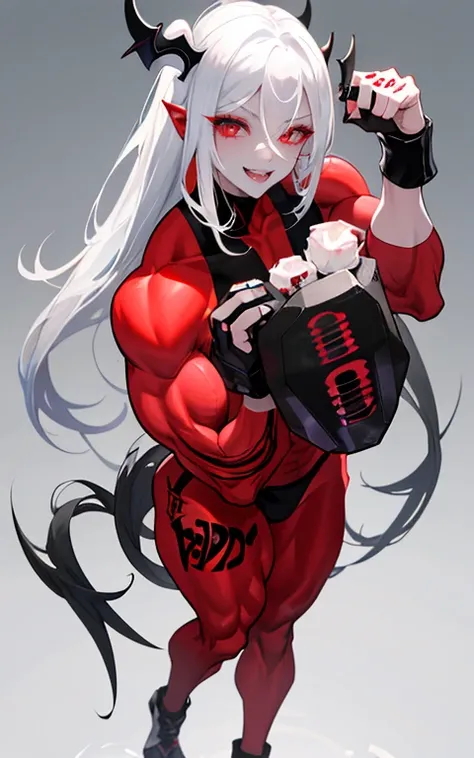 1 girl,White skin，dark风，Wear leg rings，long gray hair，Black eyeshadow，Red Eyes，control，dark，sickle，Goddess of Death，Succubus，Smile，Sticking out tongue，(((Bodybuilder:1.5)))(((Beauty)))