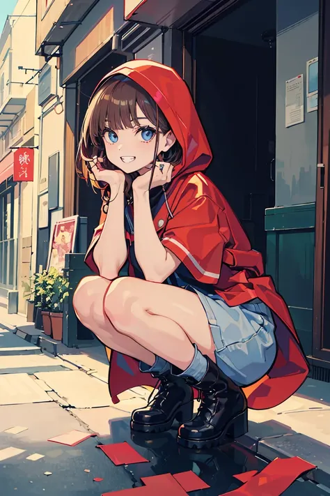 (1 personの女の子), (1 person), (super high quality), ((Little Red Riding Hood)), masterpiece, (Brown Hair Color), blue eyes, Squat, (Colorful colors), Casual Scene, Relaxed atmosphere, She is wearing fashionable clothes, boots, cold, Street atmosphere, Perfec...