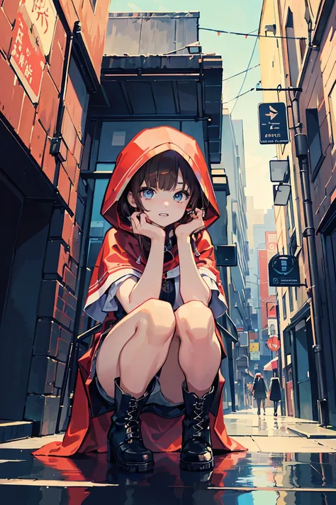 (1 personの女の子), (1 person), (super high quality), ((Little Red Riding Hood)), masterpiece, (Brown Hair Color), blue eyes, Squat, (Colorful colors), Casual Scene, Relaxed atmosphere, She is wearing fashionable clothes, boots, cold, Street atmosphere, Perfec...