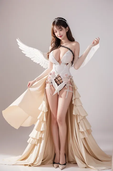 (full body shot:1.4),  white background, (1 angel girl,shine翼, hello, exquisite headdress, smile), (paper art, quilted paper art...