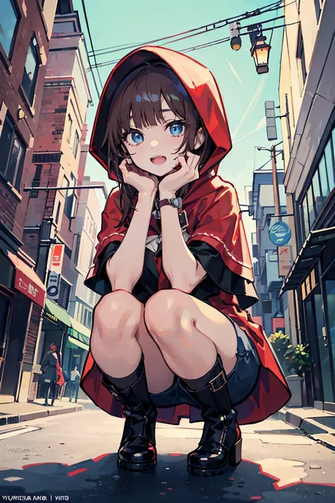 (1 personの女の子), (1 person), (super high quality), ((Little Red Riding Hood)), masterpiece, (Brown Hair Color), blue eyes, Squat, (Colorful colors), Casual Scene, Relaxed atmosphere, She is wearing fashionable clothes, boots, cold, Street atmosphere, Perfec...