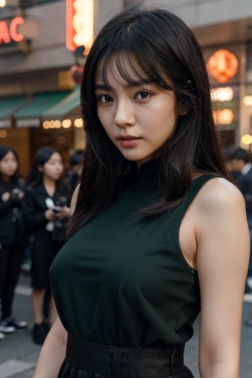 Chinese woman, 26 years old, kpop celebrity, brown skin tone, green eye color, medium black hair, surrounded by paparazzi