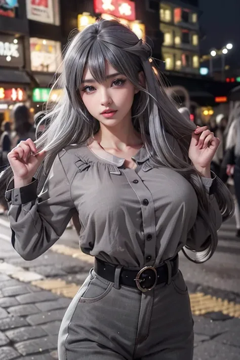 highest quality, Realistic, 8k, High resolution, 1peopleの女の子, woman,(Skin dents), (Large Breasts), (Professional Lighting, Bokeh), (street), (people々, crowd:0.6), market, (night:1.2),(Gray Hair:2.0), (blouse:1.5), (I wore:0.6), nice, bloom, (Floating Hair)...