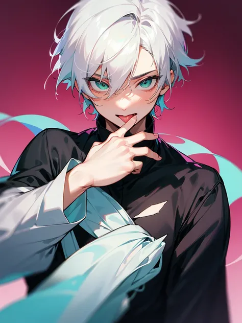 Perfect, one young man, white hair, green eyes, black clothes, sticking out his tongue in a flirty way, with hands on his pockets, beautiful young man with soft appearance , very short hair, soft eye and soft looking very beautiful and soft boy