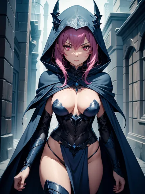 (high quality, highly detailed), a female thief in a dark blue hood and cloak, intricate armor, looking directly into the camera, body facing the camera, wearing dark blue hood and cloak, wrapped forearms, short pink hair, red eyes, highly detailed backgro...