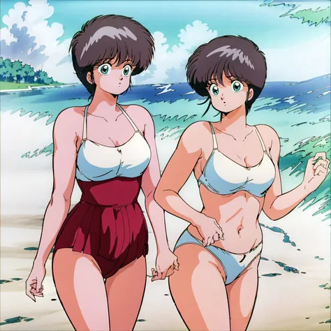 masterpiece, highest quality, disorganized, retro artstyle, 1980s (style)))), look viewer, 2 girls, chaseing on the beach, (Madoka Ayukawa, running away long hair, white bikini) (a girl hikaru hiyama chasibg short hair, vermilion one-piece swimsuit),