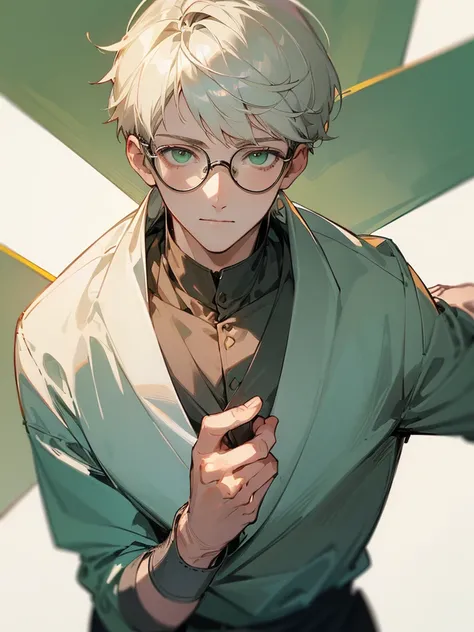 ((Masterpiece, Highest Quality)), Detailed Face, 1boy, young boy, white sweater, green eyes, (((Top Quality))), Short hair, white colored hair, Stylish glasses, soft smile ,very beautiful boy ,gentle young man 