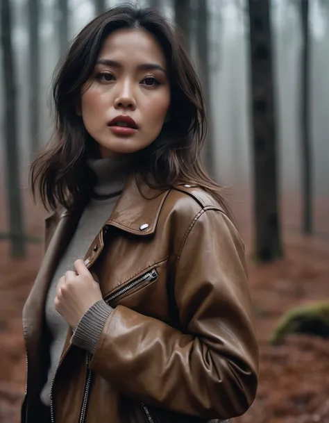 8k, ultra-detailed, grainy film photo, close-up masterpiece,muted colors, muffled light, dusk, rainy, moody, noir, woman in forest, shame expression, brown turtleneck, faded leather jacket, beautiful long brunette hair, depraved outfit,asian:0.5fetishistic...