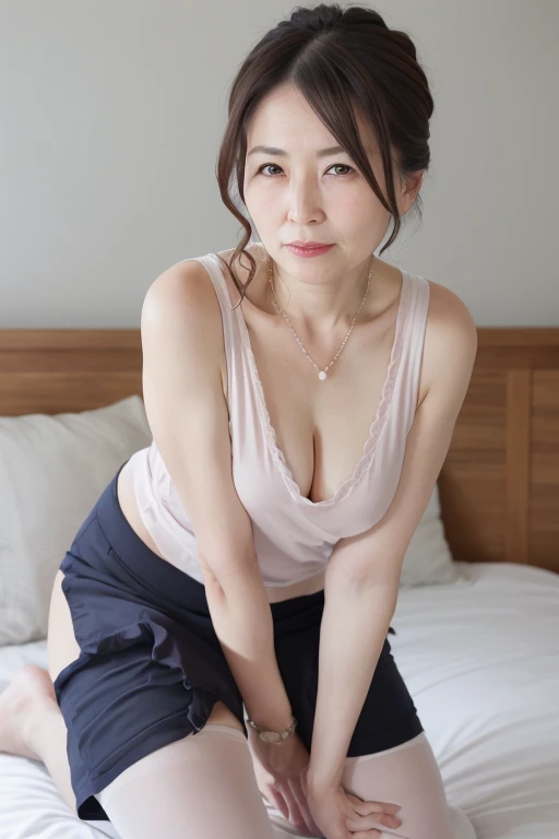 elegant mature 55 year old japanese woman, mother, extremely detailed face, beautiful detailed lips, extremely detailed face, long eyelashes, extremely detailed curvy female body, gentle smile, small breasts, tank top, cleavage, (panties), (stockings), (fu...