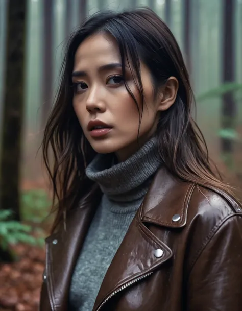 8k, ultra-detailed, grainy film photo, close-up masterpiece,muted colors, muffled light, dusk, rainy, moody, noir, woman in forest, shame expression, brown turtleneck, faded leather jacket, beautiful long brunette hair, depraved outfit,asian:0.5fetishistic...