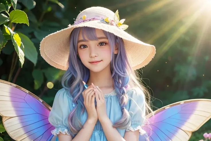 Flower Field,Magical Hat,heaven,Flower Hair Ornaments,Girl,12 years old,Fairy,butterflyのwing,butterfly々,wing,wing,Transparency,花のFairy,Lolita,Smile,Short sleeve,race,Lens flare,magical energy,healing,Sparkly Background,noon,summer,Light of the sun,Light ba...