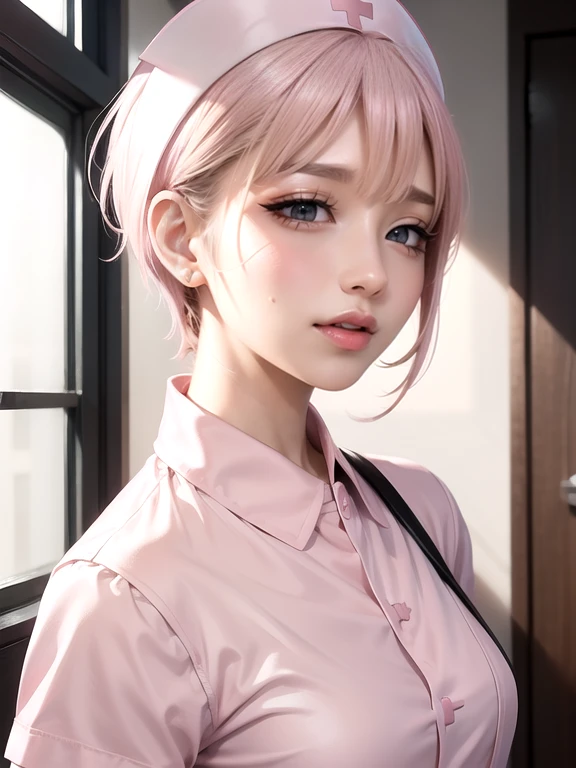 (Ultimate beauty), New Nurse, 非常にdetailed顔, detailedな唇, fine grain, Beautiful Eyes, Short pixie hairstyles for brunettes, ((Laugh with your mouth closed)), (((Wearing a light pink nurse&#39;s uniform)))), Big Breasts, (Thighs Thighs Thighs),  that&#39;that...