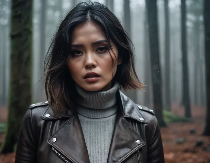 8k, ultra-detailed, grainy film photo, close-up masterpiece,muted colors, muffled light, dusk, rainy, moody, noir, woman in forest, shame dramatic expression, light turtleneck, tight faded leather jacket, beautiful long brunette hair, depraved outfit,asian...