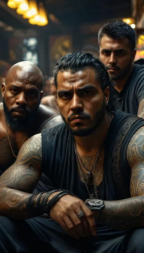 a group of menacing looking arbian thugs with tattoos, sitting in the market, terminal,
digital UHD (k) image, cinematic film still dramatic side lighting, dramatic intense stare closeup portrait,  hdr,  shallow depth of field, vignette, highly detailed, h...