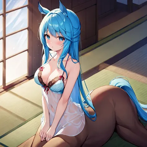 Centaur, 1centaur girl, centaur body, room tatami floor, negligee, lingerie, blue hair