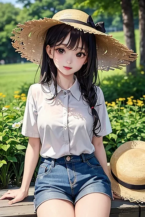 highest quality、masterpiece、high sensitivity、high resolution、straw hat、white shirt、shorts、thin thighs、small boobs、