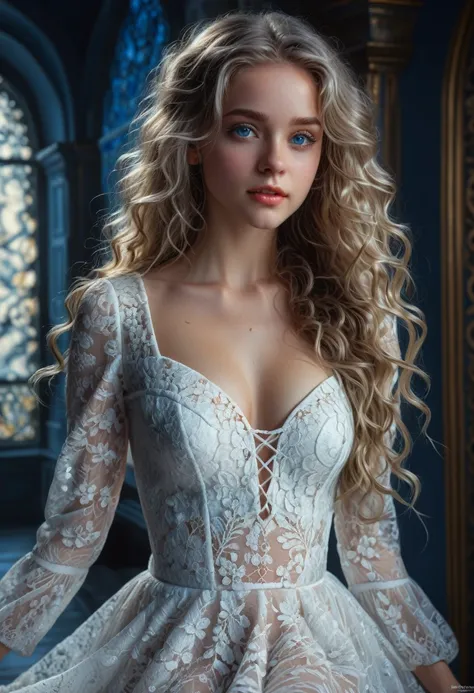 White Lace, Gorgeous highly detailed young lady with intricate white lace dress, beautiful long wavy hair, intricately detailed blues eyes, Seductive, Attractive, Elegant, Lumen Global Illumination, Scenic, Hyper-Realistic, Hyper-Detailed, 8k, Fliegenpilz,...