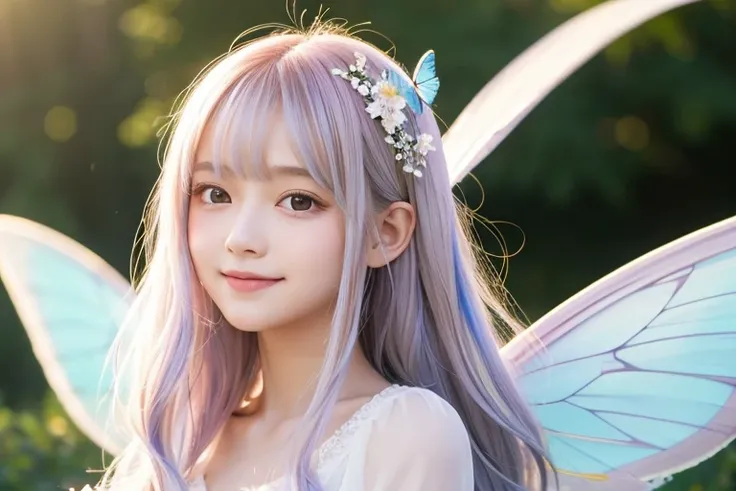 Flower Field,Flower Hair Ornaments,Girl,12 years old,Fairy,butterflyのwing,butterfly々,wing,wing,Transparency,花のFairy,Lolita,Smile,Short sleeve,race,Lens flare,magical energy,healing,Sparkly Background,noon,summer,Light of the sun,Light background,Light blue...