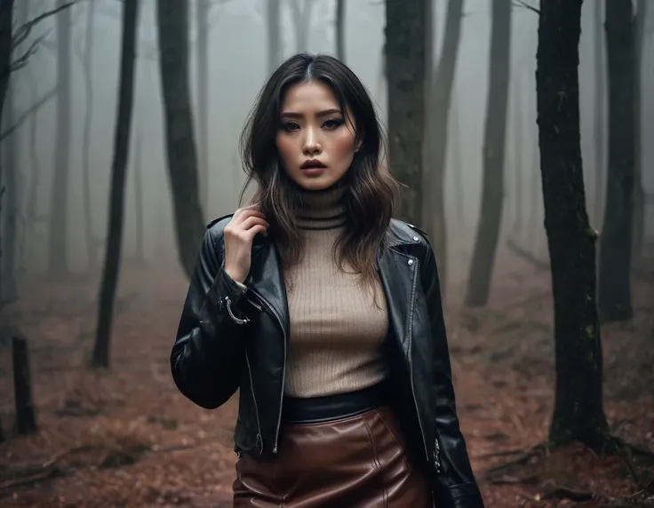 8k, ultra-detailed, grainy film photo, close-up masterpiece,muted colors, muffled light, dusk, rainy, moody, noir, woman in forest, shame expression, stockings, brown turtleneck, skirt, faded leather jacket, beautiful long brunette hair, depraved outfit,as...