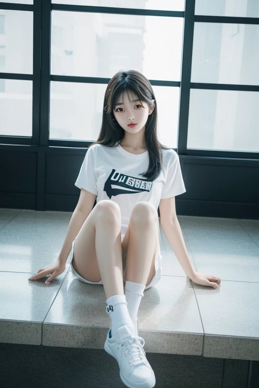 a korea beautiful student girl, black long hair, white ankle socks, sneakers, athletic shorts, t-shirts, graceful legs, delicate feet.., UHD, masterpiece, super detail, high quality, best quality, highres, award winning, high details. White Moonlight