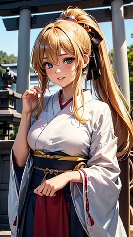 A girl is posing for a photo, cute女の子, Enchanting girl, Anime Girls, 
(((One Girl, Baby Face, cute, 16 years old))), 

Shrine Maiden&#39;s Clothing、
break 

(Beautiful Hair, Shiny Hair, Shiny Hair), (Blonde、Hair blowing in the wind、hair over one eye、ponyta...