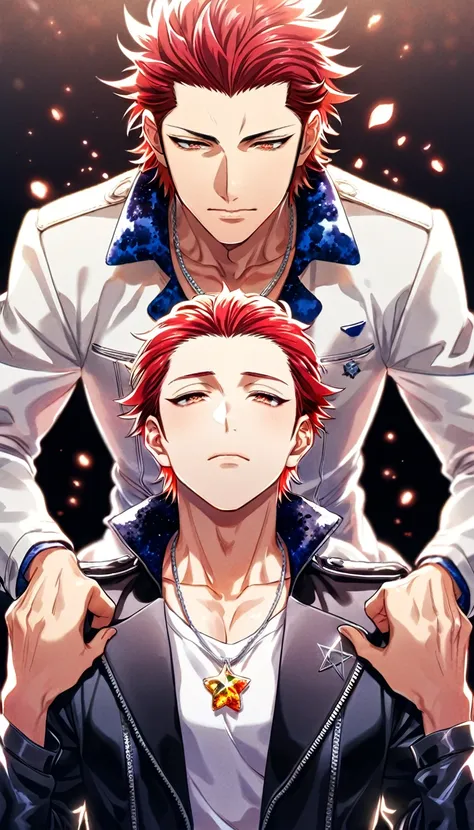 (absurdres, highres, ultra detailed, HDR) master piece, best quality, Suoh Mikoto, red hair, hair is kept short, ruffled, slicked back and spiked, with two strands of hair near the opposite sides of his head falling over his face, expressive amber eyes, bl...