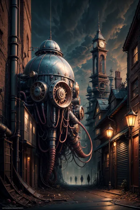 detailed steampunk cityscape, giant airships,clockwork machinery, cogs and gears, copper pipes,victorian architecture, old-fashi...