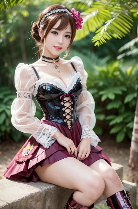 (nsfw), sexy stylish Thai model, only 1 female, ((doll-like appearance)), short Auburn stylish hair, ((shiny Victorian-Style boots)), (big smile), ultra detailed eyes, vivid eye makeup, lipgloss, long lashes, defined eyebrows, ((sexy Paradise Kiss cosplay)...