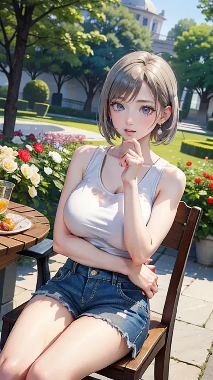 pretty girl、(Narrow eyes、blue eyes、nose、Your lips are beautiful)、smile、Big Breasts、Focus on the arms、Focus on the hands、Focus on your fingers、Silver blonde short bob、Smooth Skin、(White tank top、Blue shorts)、Earrings、 Natural beauty、garden、blue sky、(Rose Ga...