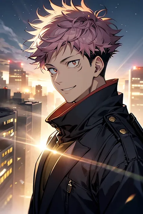 knotweed yuren,clear eyes,pink hair, big eyes,manly,close up shot, nighttime scene,date,boyfriend,blindfolds, smiling, standing ...