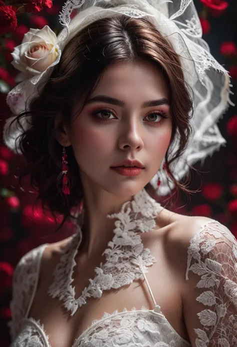 White Lace, a white lace rose, intricate lace skull pattern, dark red solid background, extremely detailed, (best quality,4k,8k,highres,masterpiece:1.2),ultra-detailed,(realistic,photorealistic,photo-realistic:1.37),HDR,UHD,studio lighting,ultra-fine paint...