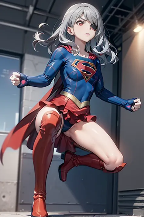 (whole body), (masterpiece:1.2), (Highest_quality:1.2), (Ultra_detailed:1.3), 8k,Low Angle，From below，1 girl，solo，Big ass girl, Frustrated face，Glare，View your viewers，Mid-chest, barefoot，Red long boots，3D Rendering, superman_oc，( Supergirl)，Laura Bodewig,...