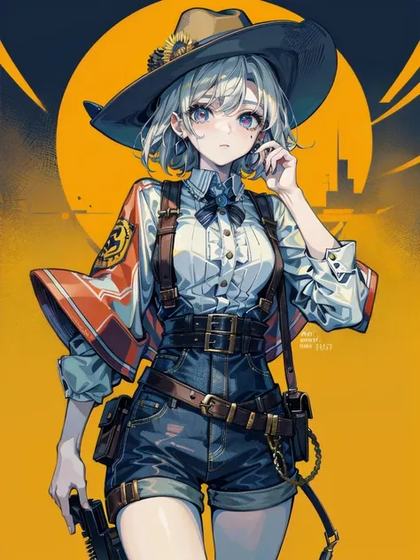 A young woman in a cowgirl outfit, holding a holster, detailed facial features including pale skin, 20 years old with a tearful mole and an earring, short wavy medium-length hair, best quality, 32k resolution, absurdres