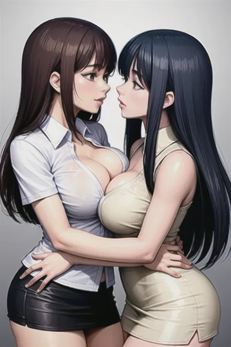 two lesbian girls kissing passionately, holding each others bodies tightly
with very big tits, perfect bodies and the whole body wet
both with a super sexy secretary outfit, with a miniskirt and cleavage