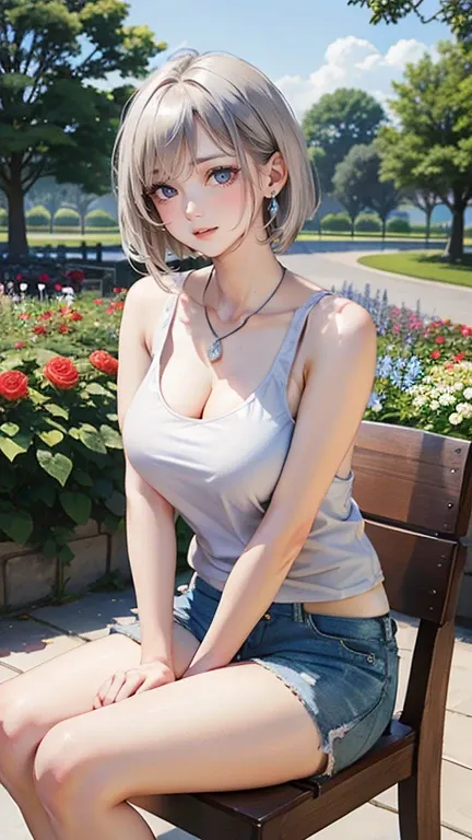 pretty girl、(Narrow eyes、blue eyes、nose、Your lips are beautiful)、smile、Big Breasts、Silver blonde short bob、Smooth Skin、(White tank top、Blue shorts)、Earrings、necklace、Focus on the arms、 Natural beauty、garden、blue sky、(Rose Garden、Red and white)、holding a re...